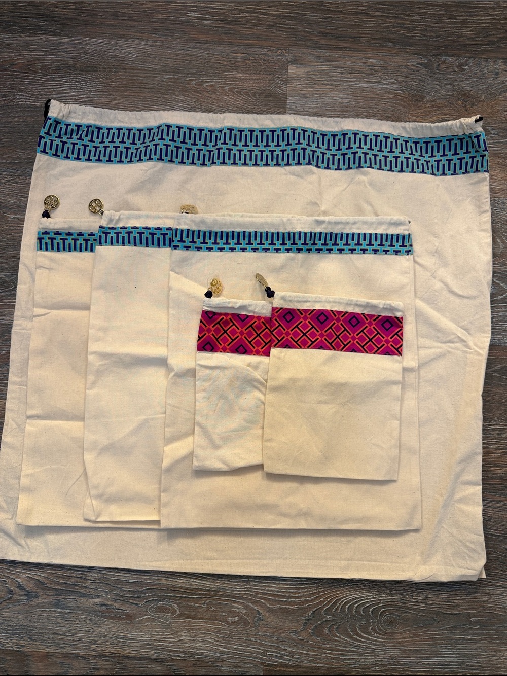 Tory Burch Canvas Totes with Pink an blue Geometric Trim